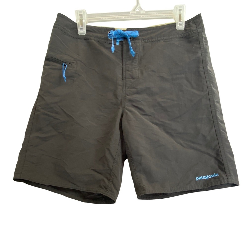 Patagonia Mens Board Shorts 31 Grey Blue Drawstring Swim Trunks Zipper Pocket